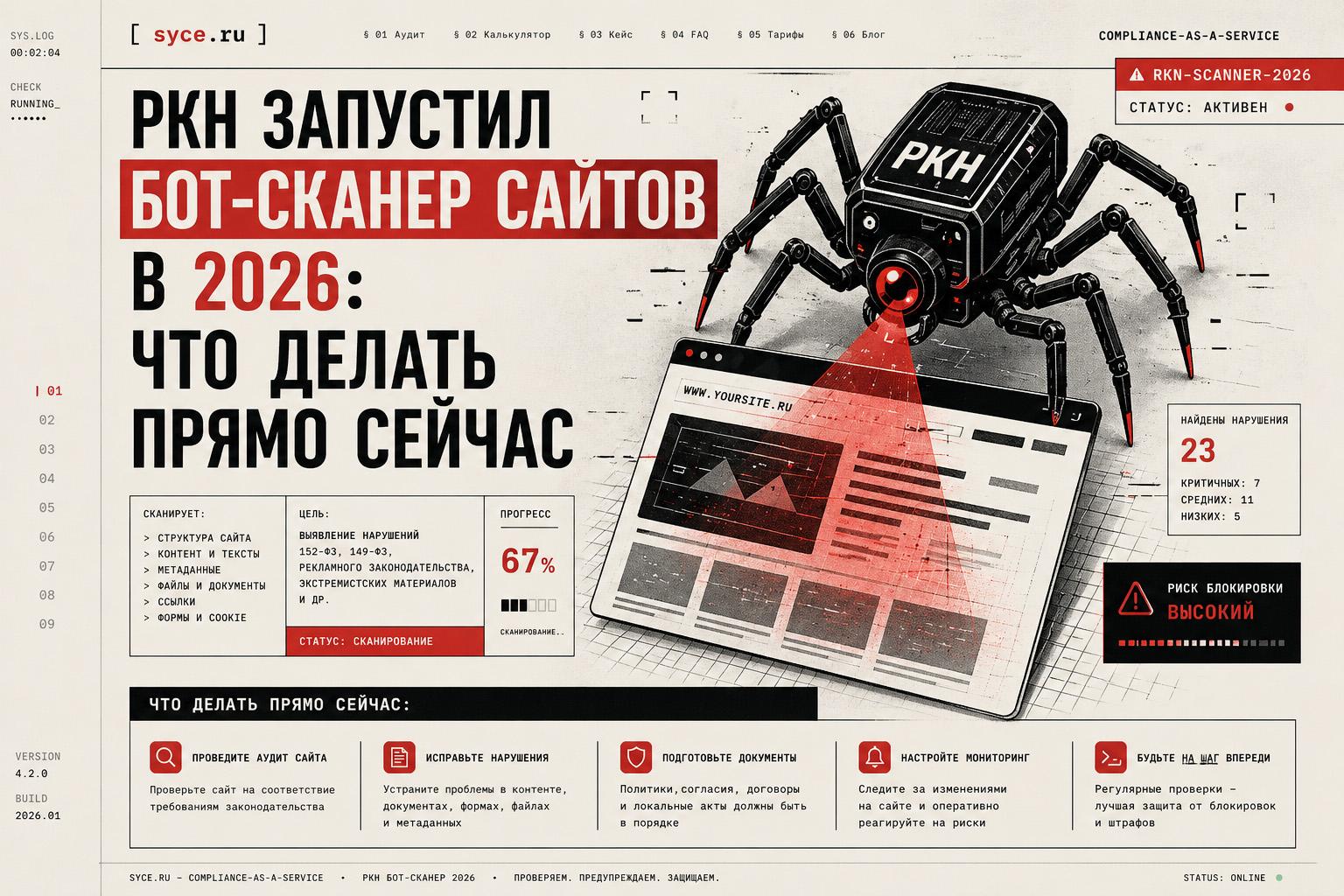 Иллюстрация бот-сканера РКН: чёрный паук с надписью «РКН» сканирует сайт лазерным лучом, статус «АКТИВЕН», найдено 23 нарушения, риск блокировки высокий — 2026 год